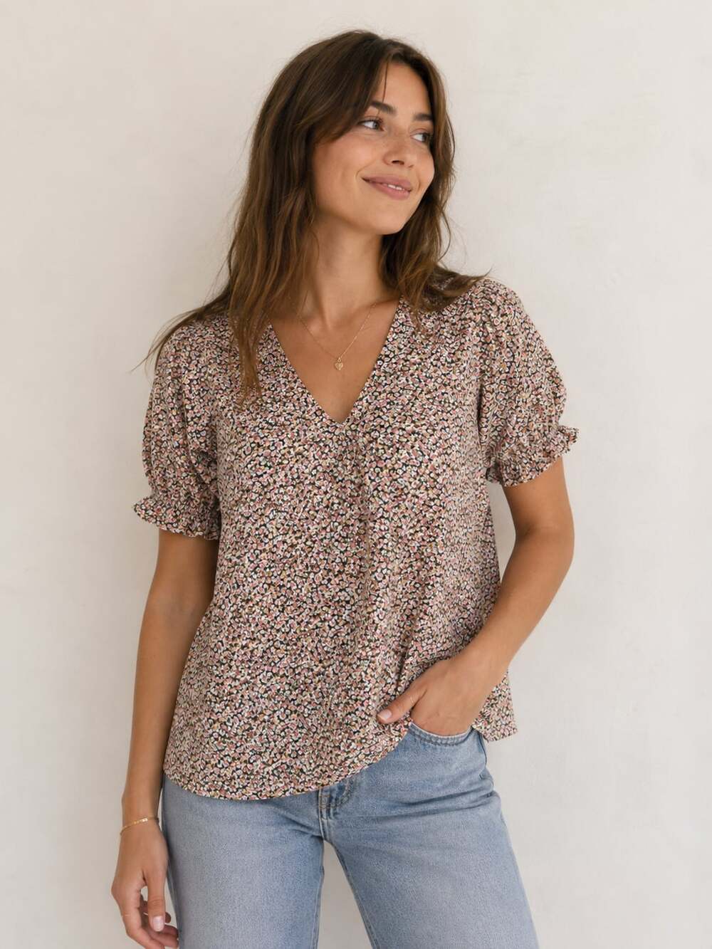 Böhme Floral V-Neck Puff Sleeve Blouse Size S